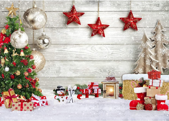 Christmas Backdrop 7x5FT – White Wood Floor with Snowflakes & Xmas Decor