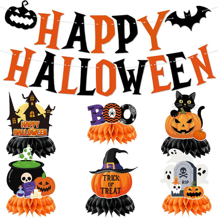 Happy Halloween Decorations Set, Banner & Honeycomb Pumpkin Ghost Witch Centerpieces
