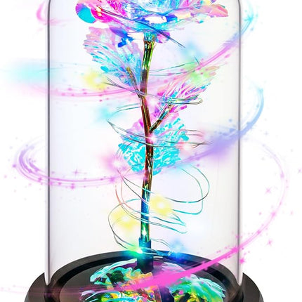 Colorful Light-Up Rose in Glass Dome – Christmas & Birthday Gift for Women