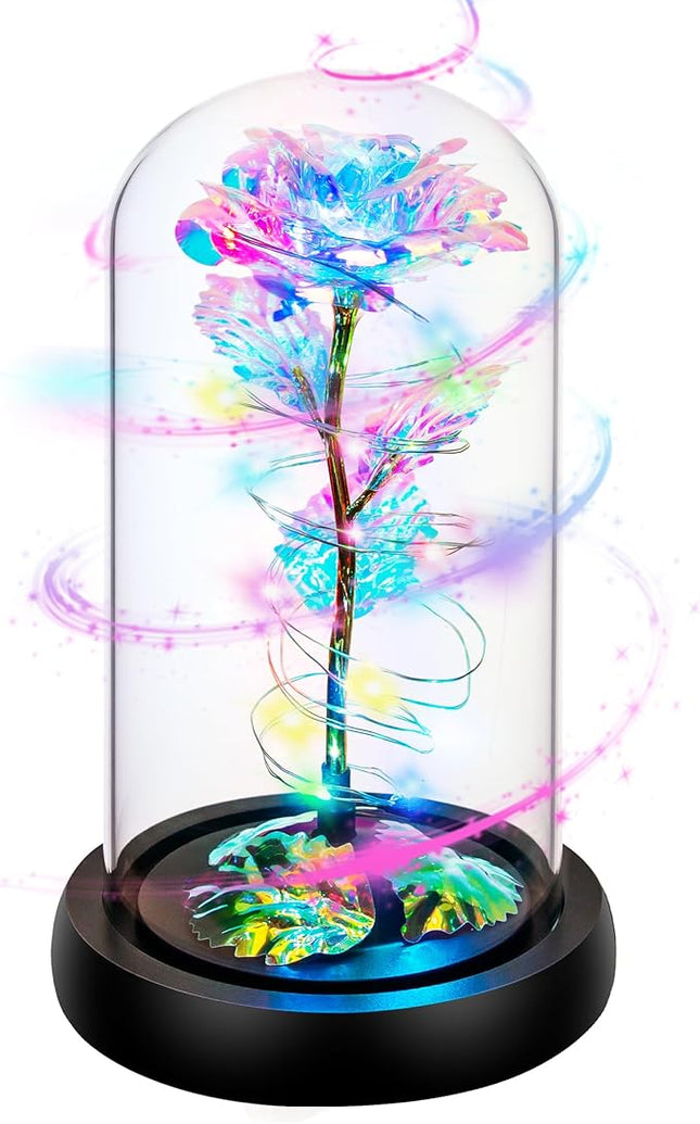 Colorful Light-Up Rose in Glass Dome – Christmas & Birthday Gift for Women
