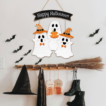 Halloween BOO Ghost Door Sign, Wooden Happy Halloween Pumpkin Hanger for Front Door