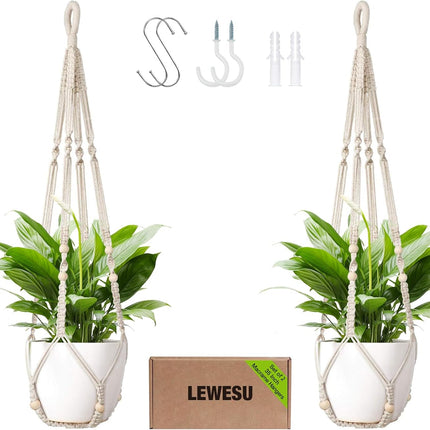 Macrame Plant Hanger Set of 2 35 Inch Indoor Outdoor Boho Decor Ivory