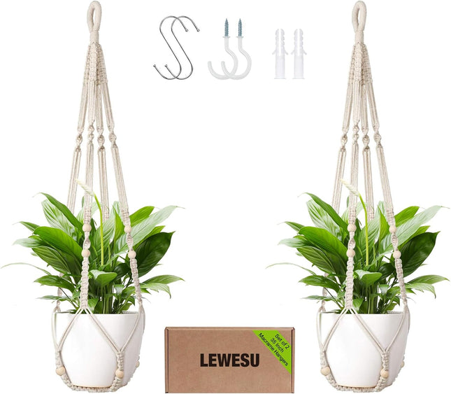 Macrame Plant Hanger Set of 2 35 Inch Indoor Outdoor Boho Decor Ivory