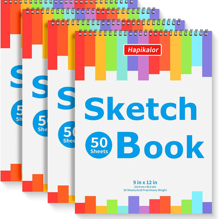 4 Pack 9x12in Sketch Books, 50 Sheets Spiral Bound Drawing Paper, Acid-Free