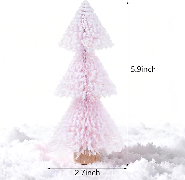 5PCS Mini Christmas Trees Pink Bottle Brush Trees with Wooden Base Decor