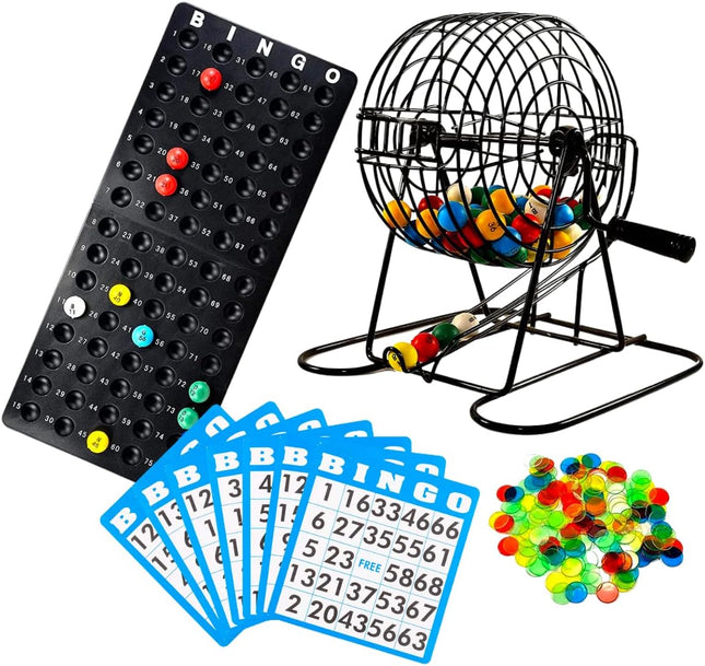 Complete Deluxe Bingo Game Set with Cage, 18 Cards, Balls and Chips