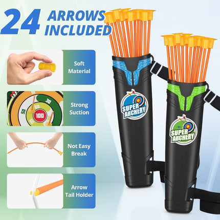 2-Pack Kids Bow & Arrow Set, LED Archery Toy with Dinosaur Target, 24 Suction Arrows