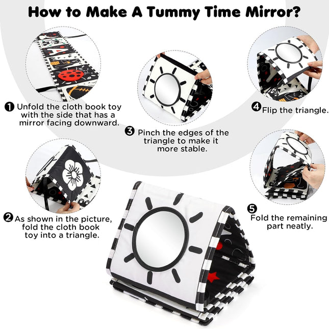 Black White Baby Toy High Contrast Tummy Time Soft Book Sensory Mirror 0-12 Months