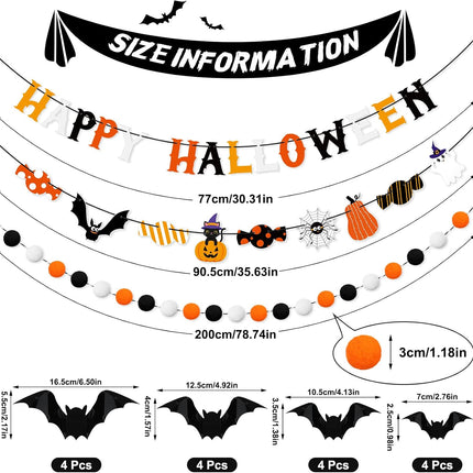 Happy Halloween Banner & Pom Pom Garland Kit, Candy Bat Wall Hanging Party Decor
