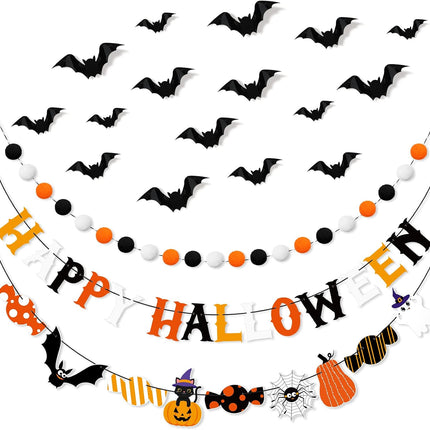 Happy Halloween Banner & Pom Pom Garland Kit, Candy Bat Wall Hanging Party Decor