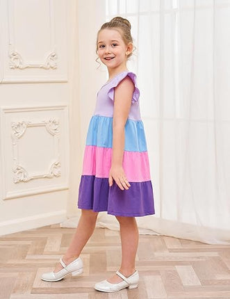 Girls Cotton Ruffle Sleeve Midi Dress A Line Tiered Casual Sundress Size 6-7 Years