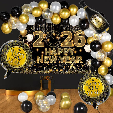 74-Piece New Year 2026 Balloon Arch – Black & Gold NYE Party Decor