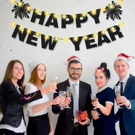 Happy New Year Party Banner – Black Glitter Light Up Decorations for NYE