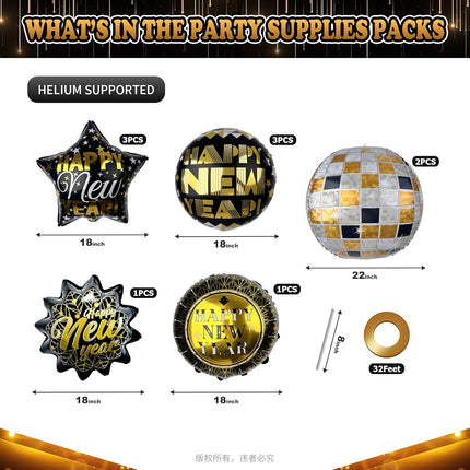 10-Piece Happy New Year 2026 Balloons – Black & Gold Party Supplies
