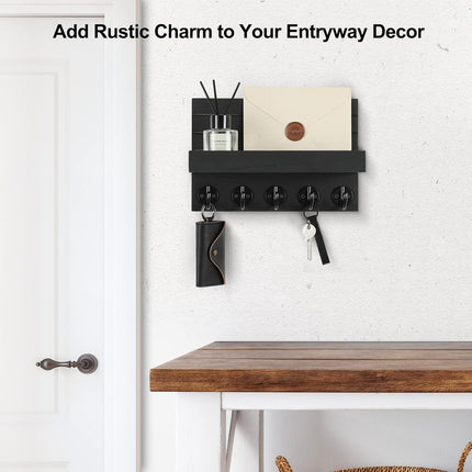 Wall Key Holder with Shelf – Large Hooks for Keys, Bags & Coats, Paulownia Wood