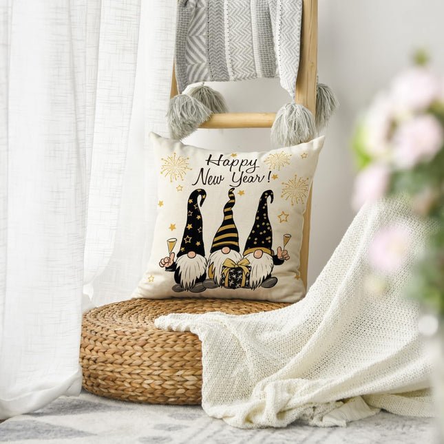 Happy New Year Fireworks Gnome Cushion Cover 18x18" Sofa Couch Decor