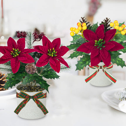 Small Fake Christmas Potted Plants – 4-Piece Indoor Tabletop Winter Decor Set