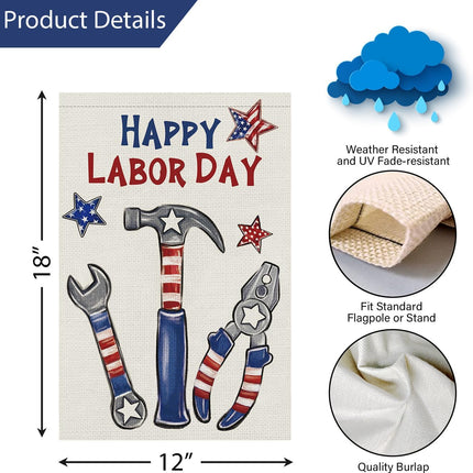 Happy Labor Day Garden Flag 12x18 Double Sided Burlap Stars & Tools Flag Only