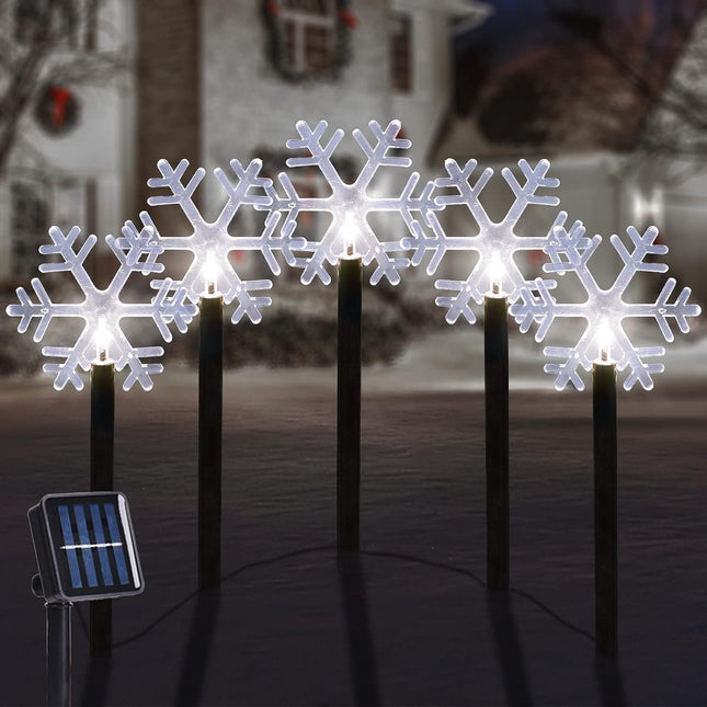 5-Pack Solar Snowflake Pathway Lights, Cool White, Outdoor Xmas Stake Markers