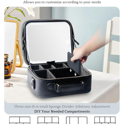 Travel Makeup Bag with Lighted Mirror – Adjustable, Waterproof, Black