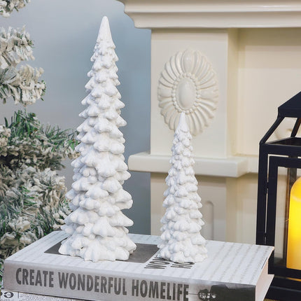 Winter Snow Resin Christmas Trees, Set of 2 White Glittered Tabletop Decor