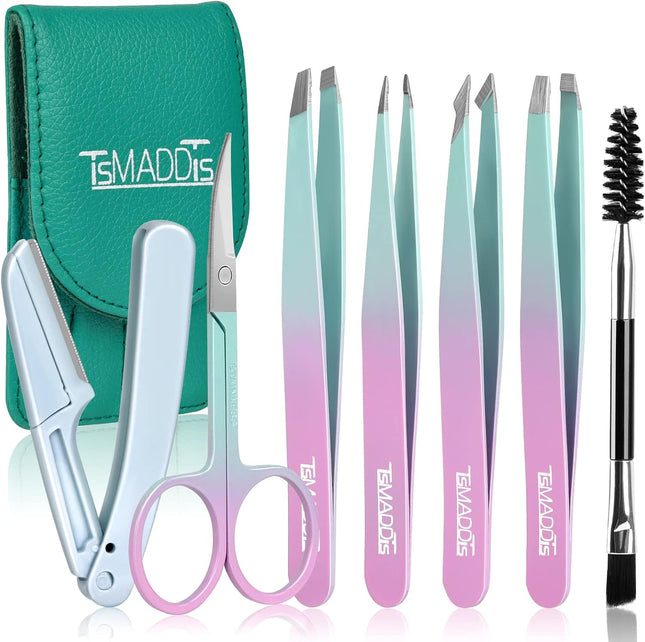 7-Pc Eyebrow Tweezers Set, Precision Facial Hair Tools with Razor & Scissor
