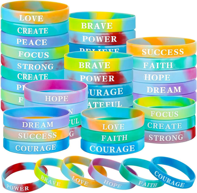 60pcs Christmas Motivational Silicone Bracelets – Rainbow Quote Wristbands