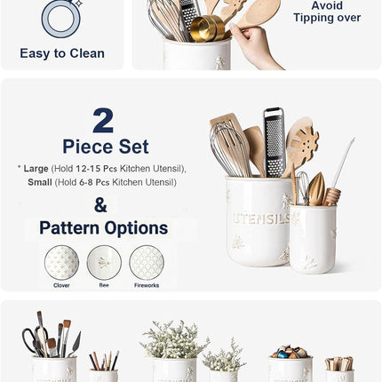 Ceramic Utensil Holder Set of 2 – 6.9" & 5.3" Embossed Kitchen Crocks