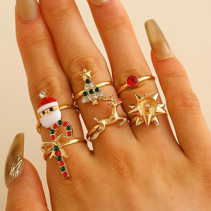 6PCS Christmas Statement Ring Set | Tree, Santa & Reindeer Holiday Jewelry