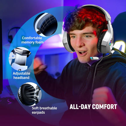 Gaming Headset 7.1 Surround Sound Noise Canceling Mic for PC PS5 Xbox White