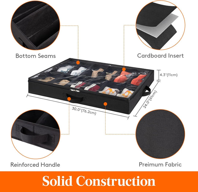 Under-Bed Shoe Organizer – Set of 2, Foldable Fabric Storage Box, Black