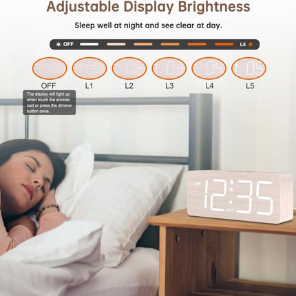 Wooden Digital Alarm Clock – Large Numbers, Loud Alarm, Dimmer, Volume Control