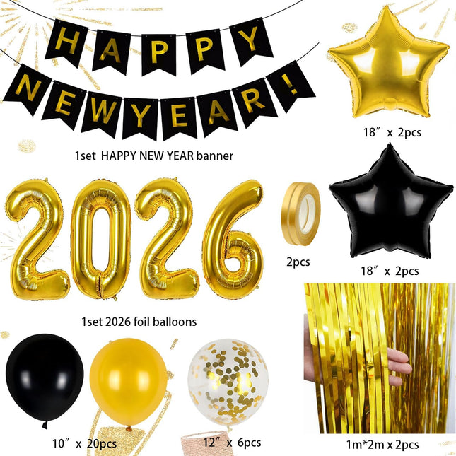 New Year 2026 Decorations Set – 32in Gold Balloons, Fringe Curtains & Banner