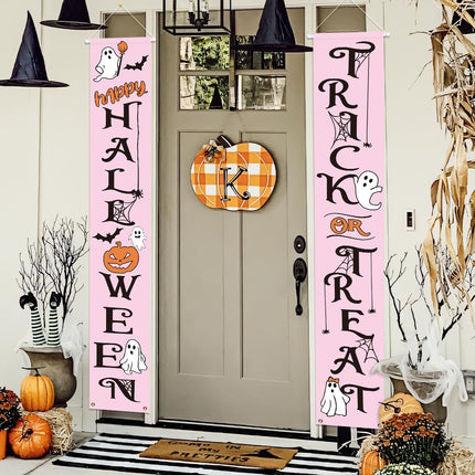Trick or Treat Pink Halloween Porch Banner, Happy Halloween Door & Party Decor