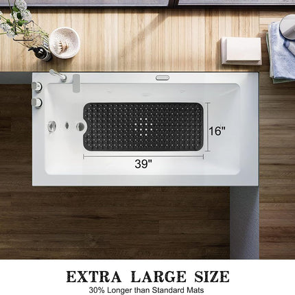 39 x 16 Inch Black Non-Slip Bathtub Shower Mat with Suction Cups and Drain Holes