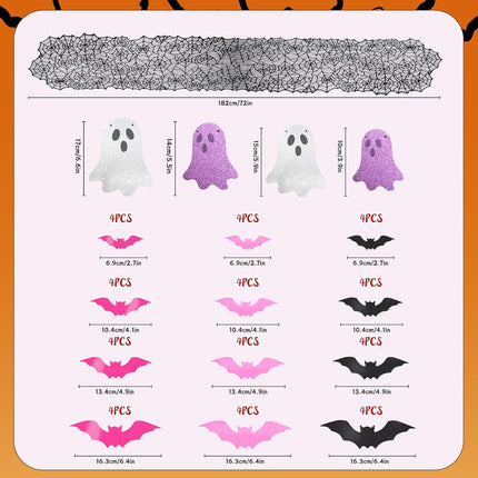Pink Halloween Decor Set, Ghost Banner, Bat Stickers & 72in Spider Web Table Runner