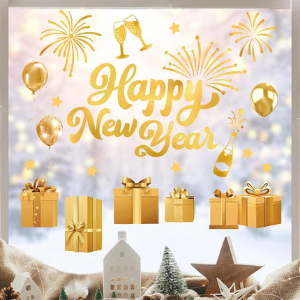 Happy New Year 2026 Gold Window Stickers – Champagne, Stars & Fireworks