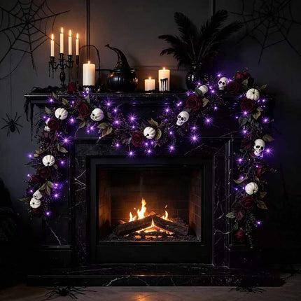 6FT Gothic Halloween Garland with Purple Lights, Skulls, Roses & Pumpkins Decor