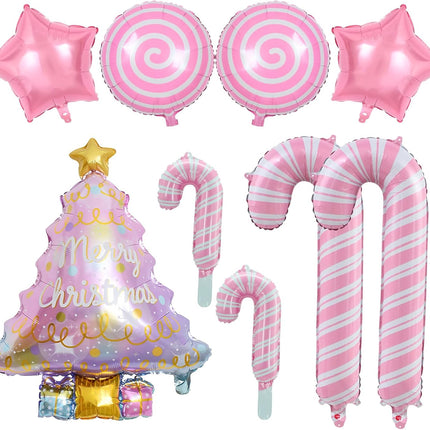 9PCS Pink Christmas Balloons – Tree & Candy Cane Foil Balloons for Party