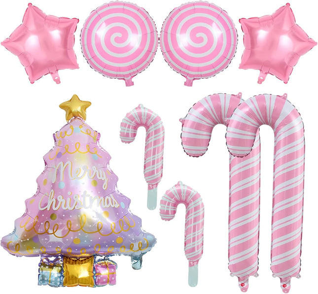 9PCS Pink Christmas Balloons – Tree & Candy Cane Foil Balloons for Party