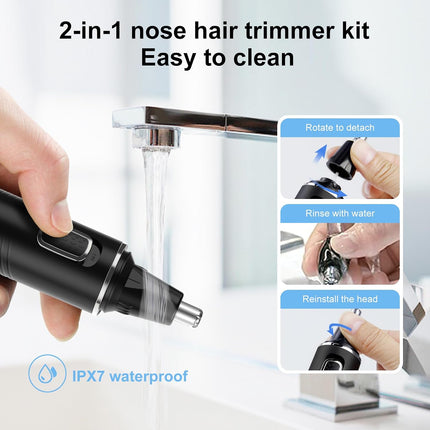 2-in-1 Rechargeable Nose & Ear Hair Trimmer, IPX7 Waterproof, Dual-Edge Blades, Black Silver