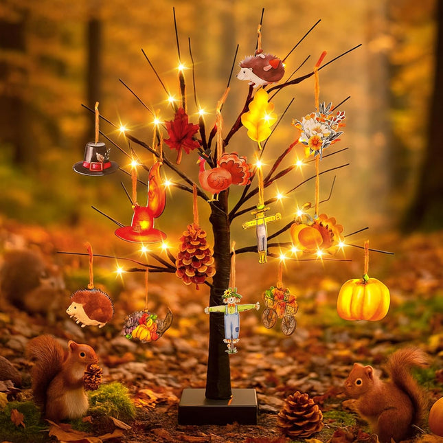 24" LED Thanksgiving Table Tree with Wooden Ornaments Harvest Home Office Decor