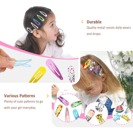 100PCS Snap Hair Barrettes for Girls, Colorful 2" Metal Clips, Non-Slip Animal & Star Pins