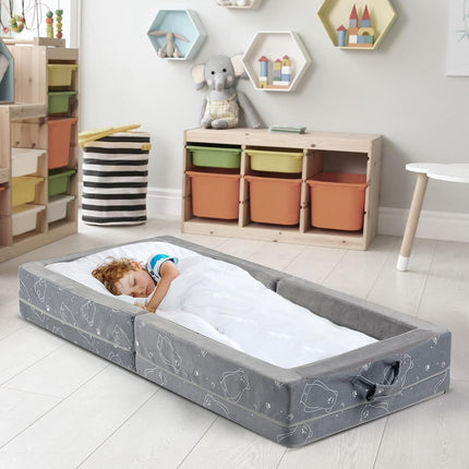 Portable Toddler Travel Bed Foldable Foam Mattress, Safety Rails and Washable Grey Cover