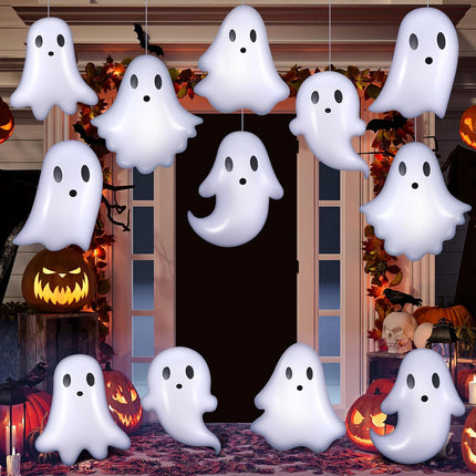 12-Piece 13.78in Inflatable Hanging Ghosts, Cute Halloween Porch & Yard Decorations