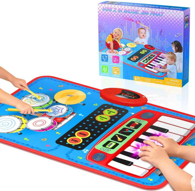 2-in-1 Musical Mat – Piano & Drum Set with Sticks for Kids 1–5 Years