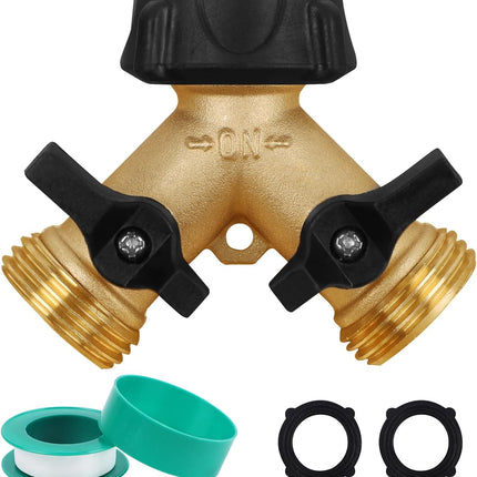 2-Way Garden Hose Splitter – Heavy Duty Brass Tap Connector with 2 Valves