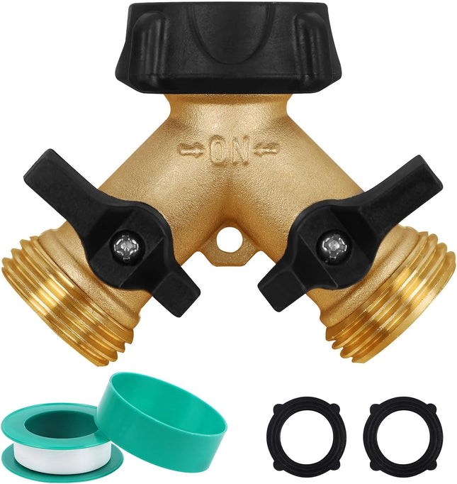 2-Way Garden Hose Splitter – Heavy Duty Brass Tap Connector with 2 Valves