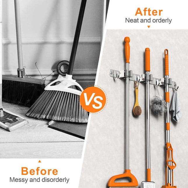 Mop & Broom Holder – Wall Mount Organizer with 3 Racks & 4 Hooks