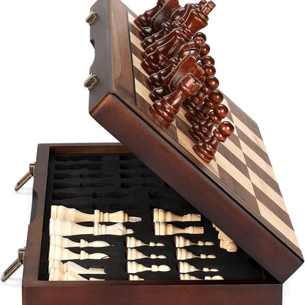 Magnetic Wooden Chess Set 15 Inch Folding Travel Board with Handmade Pieces